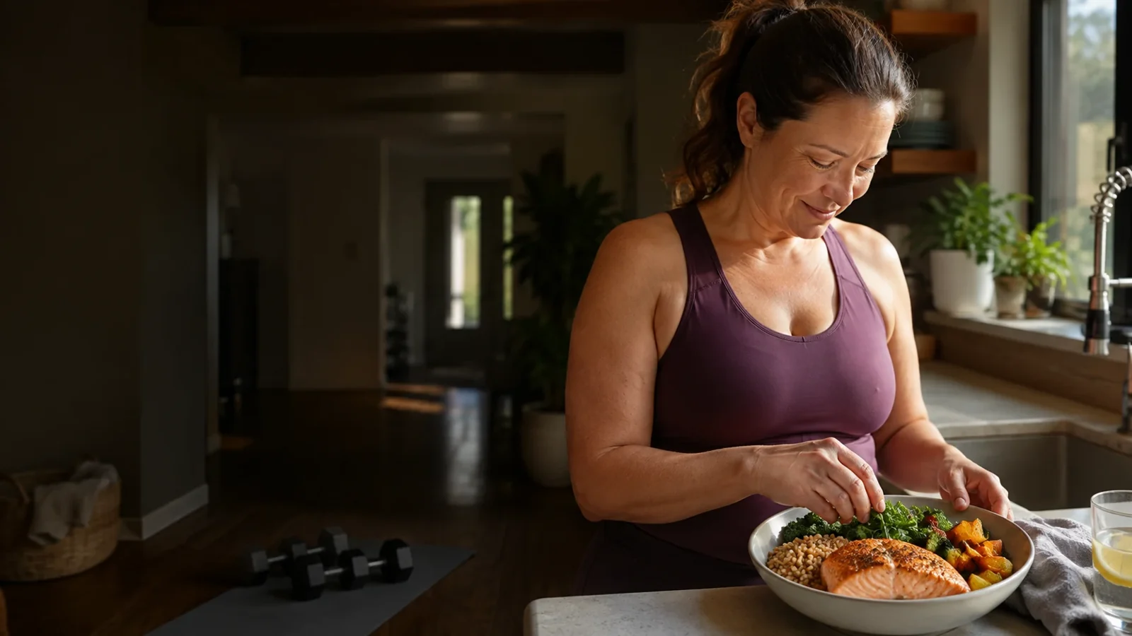 A woman preparing a nourishing meal with strength equipment nearby
