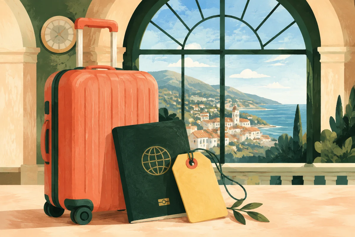 A coral suitcase and passport beneath a sunlit station window
