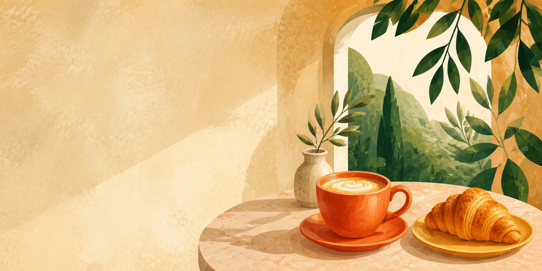 A panoramic sunlit café with a terracotta cappuccino, croissant, and leafy arched window