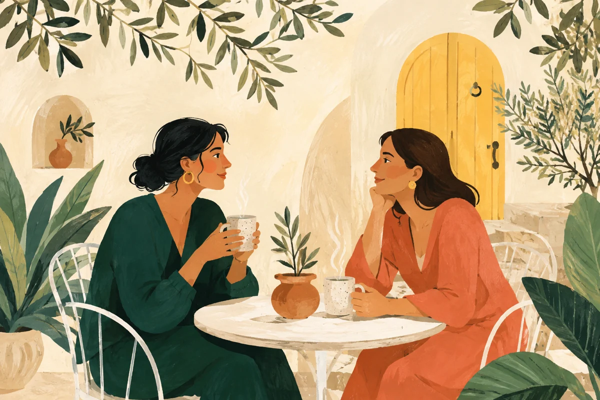 Two people enjoying a conversation in a garden courtyard