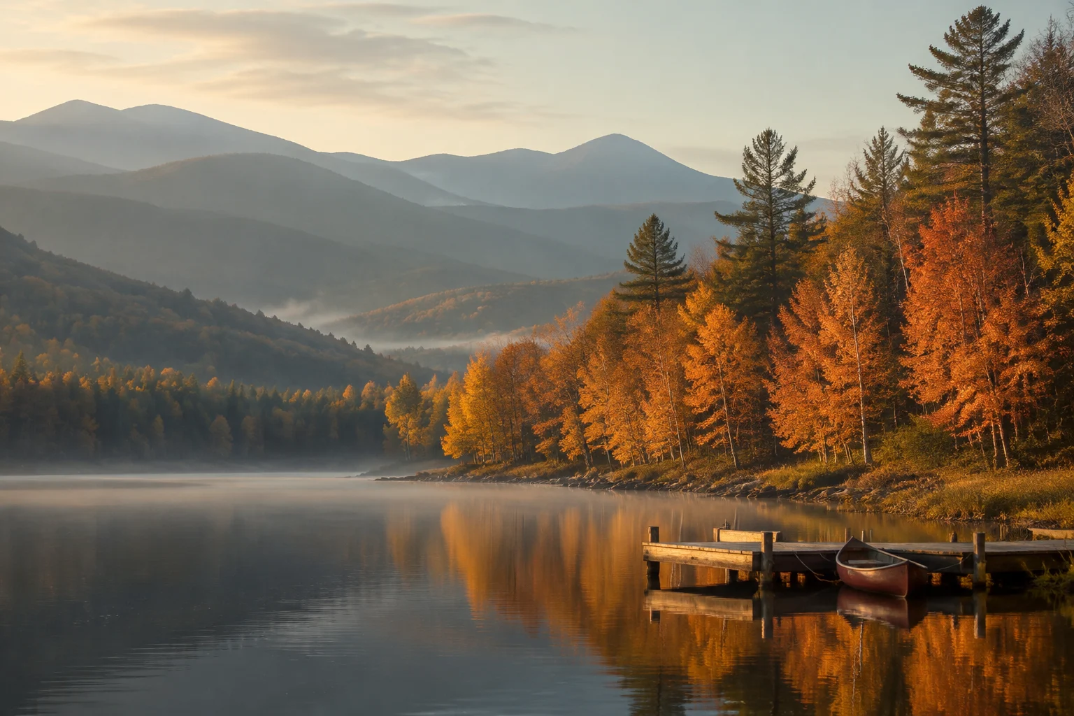 Golden fall forest reflected in a mountain lake