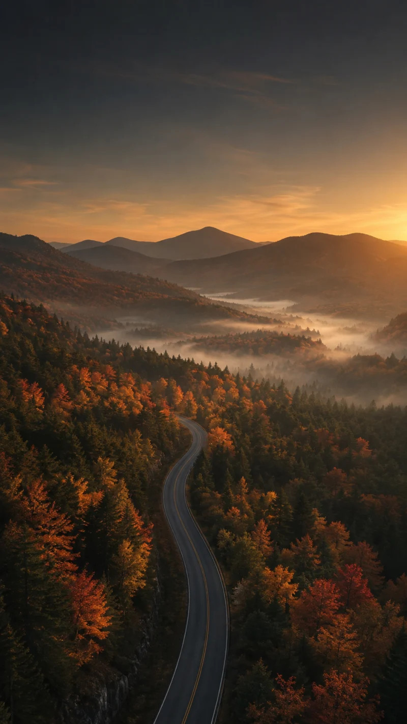 A quiet winding road through golden autumn woods