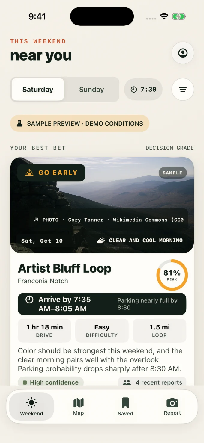 Peak Weekend app comparing fall destinations and weekend conditions