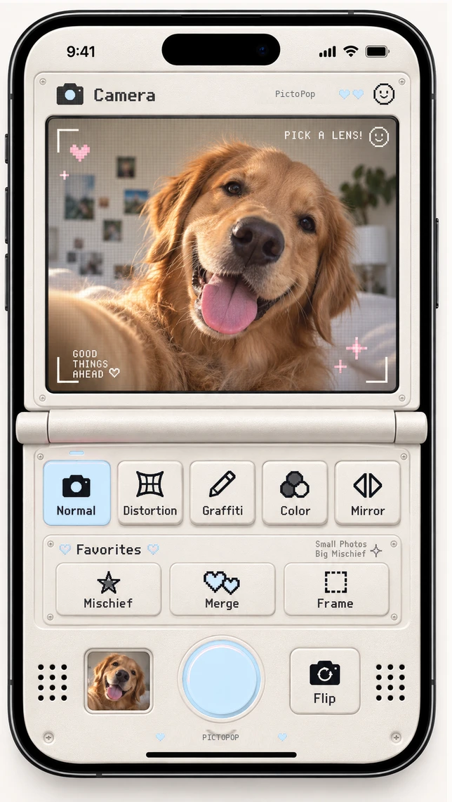 PictoPop Pearl Blue design preview: a tactile hinged camera interface with a golden retriever and powder-blue controls